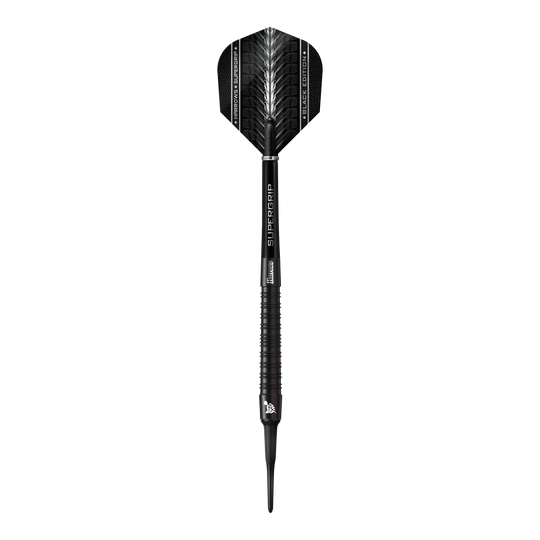 Harrows Supergrip Black Edition soft darts Das Bild zeigt einen Harrows Supergrip Black-Edition Softdart. Der Dart ist komplett in Schwarz gehalten und hat ein modernes, elegantes Design.