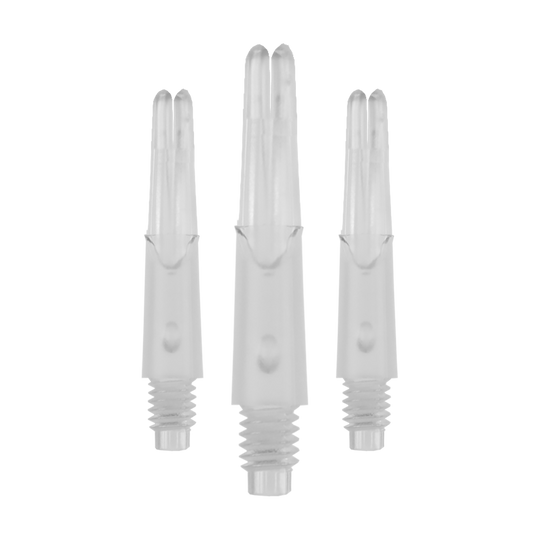 L-L-Style-Shafts Locked Straight - Clear Das Bild zeigt drei transparente, gerade Kunststoffschäfte für Darts ohne Kappen. Die Schäfte haben ein Schraubgewinde am unteren Ende und sind 26 mm lang.