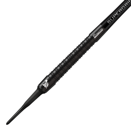 Harrows Supergrip Black Edition soft darts Das Bild zeigt einen Harrows Supergrip Black-Edition Softdart. Der Dart ist komplett schwarz und hat eine strukturierte Griffoberfläche.