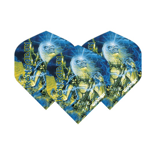 6905-240_Winmau_Iron_Maiden_Life_After_Death_Standard_Flights_1dUEUUygznhExi Das Bild zeigt drei Dart-Flights mit dem Motiv "Iron Maiden Life After Death" von Winmau. Auf den Flights ist das bekannte Albumcover in leuchtenden Blau- und Gelbtönen abgebildet.