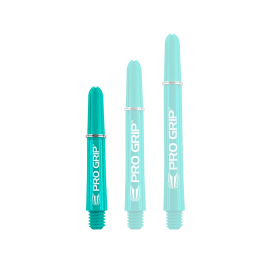 Target Pro Grip Shafts - 3 Sets - Aqua Auf dem Bild sind drei türkisfarbene "PRO GRIP" Schäfte in verschiedenen Längen zu sehen. Sie stehen nebeneinander und haben alle den gleichen Aufdruck und das gleiche Design.