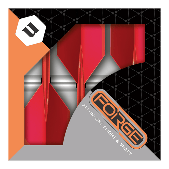 Unicorn Forge All In One Plus No2 Standard Flights Red - Medium Das Bild zeigt eine Packung mit roten Unicorn Forge All In One Plus No2 Standard Flights in mittlerer Größe. Die Verpackung ist schwarz und orange mit dem Schriftzug "FORGE" und "ALL-IN-ONE FLIGHT & SHAFT".
