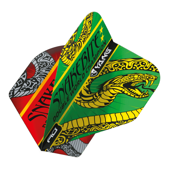 Red Dragon Peter Wright Snakebite Red Green Yin Yang Standard Flights Das Bild zeigt die Dart-Flights "Red Dragon Peter Wright Snakebite Red Green Yin Yang Standard Flights." Die Flights sind farbenfroh gestaltet und zeigen einen auffälligen Schlangen-Grafik sowie den Schriftzug "Snakebite."