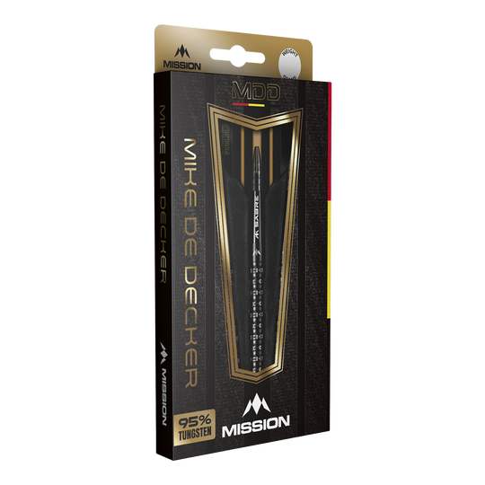 Die Verpackung zeigt die Mission Mike De Decker MDD Black Gold Steeldarts. Auf der Vorderseite steht, dass die Darts zu 95% aus Tungsten bestehen.