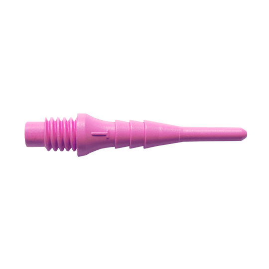 Das Bild zeigt eine einzelne pinke Kunststoff-Dartspitze aus dem Set "Bulls Tefo-X Shark Points (100er Pack)". Die Spitze hat ein Schraubgewinde auf der einen Seite und läuft spitz zu.