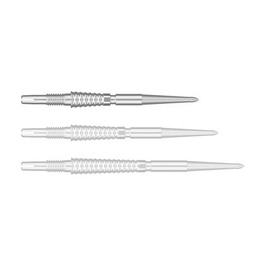 Target Swiss Storm LNC dart tips - silver Auf dem Bild sind drei silberne Dartspitzen nebeneinander zu sehen. Sie haben ein geriffeltes Griffstück und laufen spitz zu.