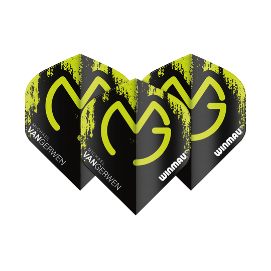 Das Bild zeigt die Winmau Mega MvG Green Black Standard Flights für Darts. Sie sind schwarz mit grünen Akzenten und tragen die Aufschrift "Michael van Gerwen" sowie "WINMAU".