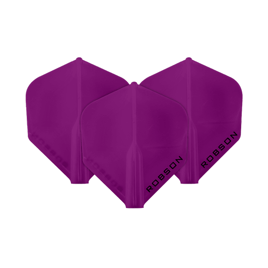 Robson Plus Flights - Standard Das Bild zeigt drei violette Dartflights der Marke Robson. Auf jedem Flight steht das Wort "ROBSON" in schwarzer Schrift.
