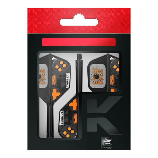 Hier sieht man die Target K-Flex Game Over No6 Flights. Es handelt sich um Dart-Flights mit auffälligem Muster.