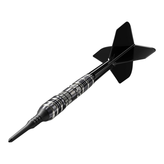 Das Bild zeigt einen schwarzen Softdart mit elegantem silbernen Muster. Es handelt sich um das Modell "Target Japan Black Marque Dragon 3 Softdarts - 18g".