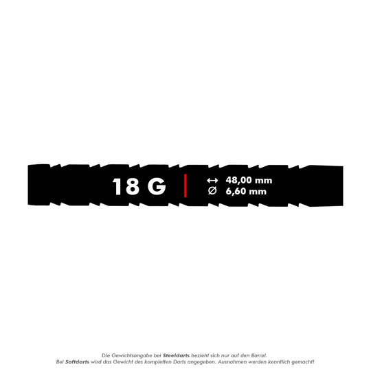 RD1571_Red_Dragon_Peter_Wright_Snakebite_1_Rainbow_Softdarts_5_18g Das Bild zeigt die Produktspezifikationen der "Red Dragon Peter Wright Snakebite 1 Rainbow Softdarts" mit 18 Gramm Gewicht. Die Länge beträgt 48,00 mm und der Durchmesser 6,60 mm.