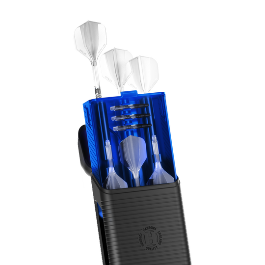 Harrows Vault Dartcase Eine blaue Darttasche namens Harrows Vault ist abgebildet. Die Tasche ist geschlossen und wird von oben gezeigt.