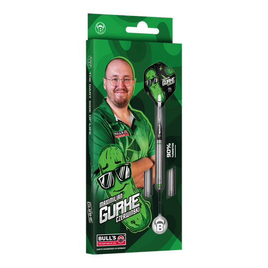 Bulls Max Czerwinski Gurke Steeldarts mit einem Gewicht von 23 Gramm. Diese Aufnahme zeigt Details des Dartpfeils.