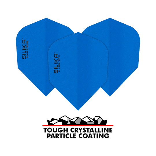 Harrows Silica Solid Tough Crystalline Coating Blue No6 Flights Das Bild zeigt blaue Dart-Flights der Marke Harrows Silika mit einer soliden, kristallinen Beschichtung. Unten im Bild steht "Tough Crystalline Particle Coating" mit einer grafischen Darstellung von Kristallen.