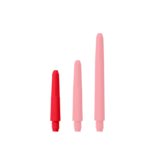 569_Nylon_Shafts_Rot_28mm_1u21CkwMWJifGD Das Bild zeigt drei rote Nylon-Schäfte in unterschiedlichen Längen. Sie haben alle ein Gewinde am unteren Ende.