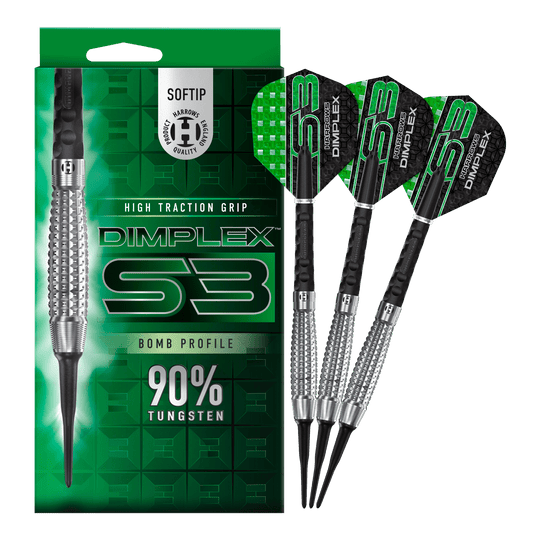 Harrows Dimplex S3 Bomb soft darts Auf dem Bild sind die Harrows Dimplex S3 Bomb Softdarts und ihre Verpackung zu sehen. Die Darts haben einen hohen Grip und bestehen zu 90% aus Tungsten.