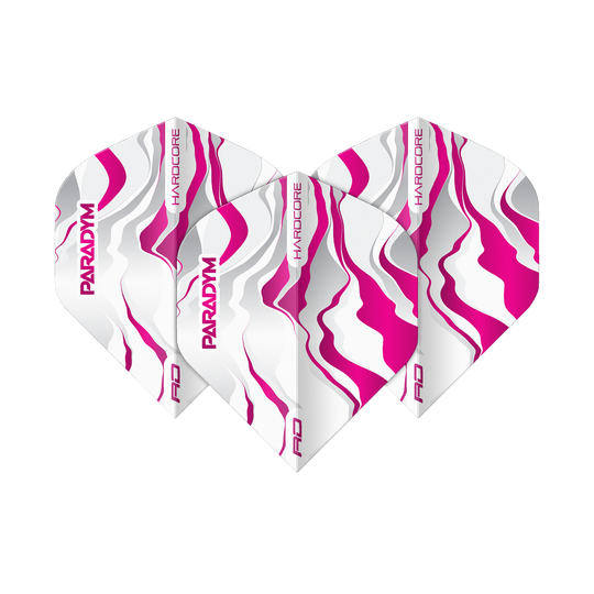 Das Bild zeigt ein Set Red Dragon Hardcore Premium Paradym Pink Premium No2 Standard Flights. Diese Flights bieten hervorragende Flugeigenschaften und eine hochwertige Verarbeitung.