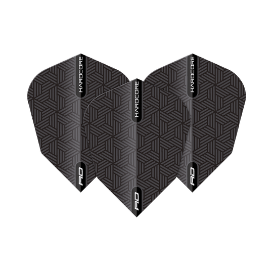 TF6849_Red_Dragon_Black_V-Standard_Flights_1z0kG28TQf5zlU Das Bild zeigt die Red Dragon Black V-Standard Flights mit einem geometrischen Muster. Die Flights sind hauptsächlich schwarz mit grauen Linien und tragen die Aufschrift "HARDCORE" und "RD".