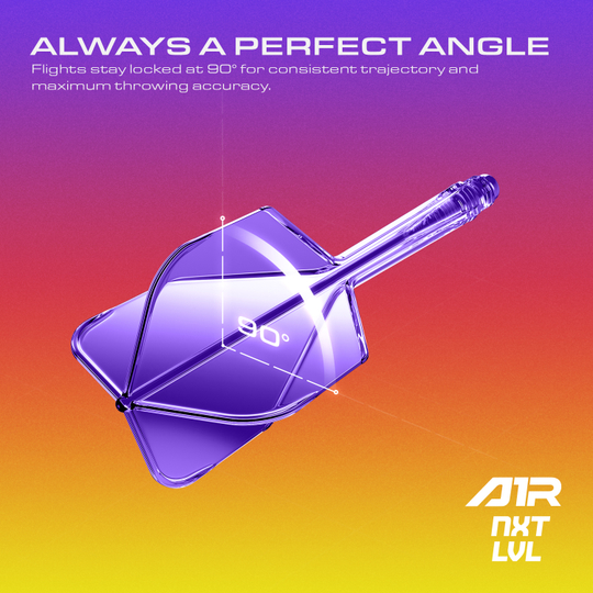 Das Bild zeigt das GOAT A1R No6 Flight-Shaft-System in Neon Lila. Dies ist ein Dart-Zubehörteil für präzises Spielen.