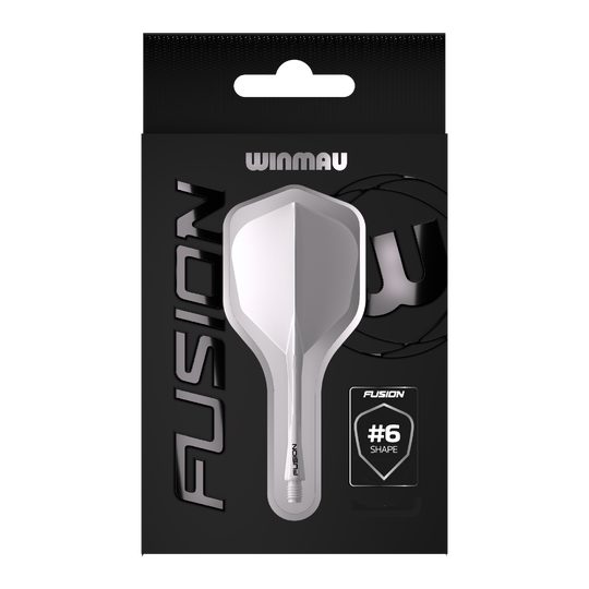 Winmau Fusion Flight Shaft System No6 Clear Das Bild zeigt die Verpackung des Produkts "Winmau Fusion Flight-Shaft-System No6 Clear". In der Mitte ist das transparente Flight-Shaft-System im #6-Shape deutlich zu sehen.