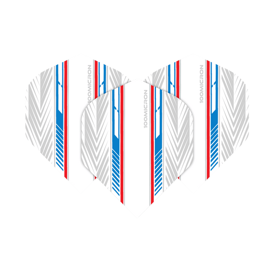 Das Bild zeigt die Pentathlon White Blue Red No2 Standard Flights. Sie haben ein weißes Design mit blauen und roten Streifen sowie grauen Mustern.