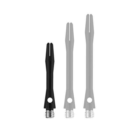 HR366_Harrows_Keramic_Shafts_Schwarz_35mm_1 Das Bild zeigt drei Harrows Keramic Shafts in Matt Schwarz, jeweils in unterschiedlicher Länge. Die Schäfte haben ein glänzendes schwarzes Design mit silbernen Gewinden am unteren Ende.