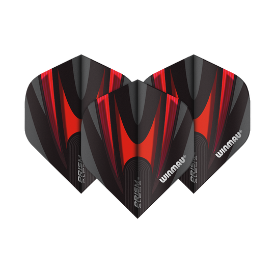 Das Bild zeigt drei Dart-Flights des Modells „Winmau Prism Alpha 6915.167 Standard“. Sie sind schwarz mit roten und grauen Akzenten und tragen das Winmau-Logo.
