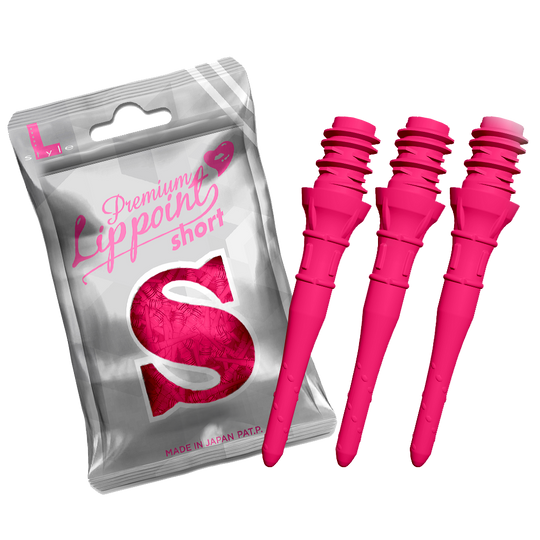 Auf dem Bild ist eine silberne Verpackung mit der Aufschrift „Premium Lipppoint short“ zu sehen. Daneben sind drei kurze, neonpinke Dartspitzen abgebildet.