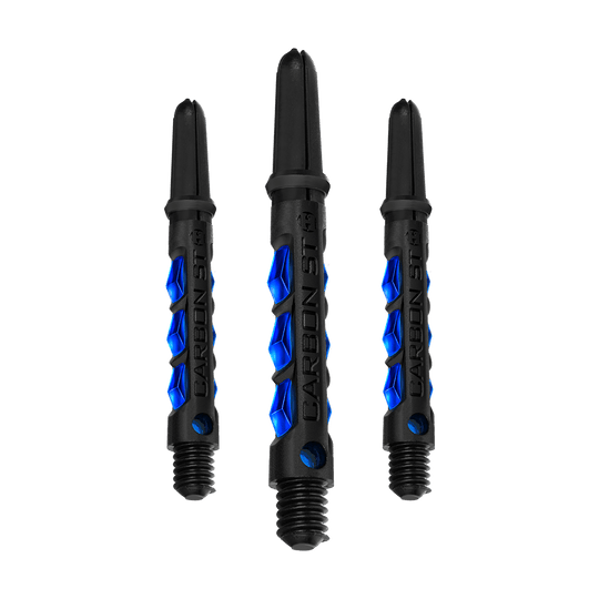 HR414_Harrows_Carbon_ST_Shafts_Blau_40mm_1 Das Bild zeigt drei Harrows Carbon ST Shafts in Blau. Sie haben ein schwarzes Design mit blauen Akzenten und sind für Darts geeignet.