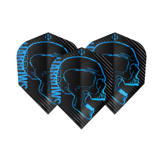 Harrows Rage Aqua No. 6 Flights Das Bild zeigt drei schwarze Dart-Flights mit einem blauen Totenkopf-Design und dem Schriftzug "Harrows". Die Flights gehören zum Produkt "Harrows Rage Aqua No6".
