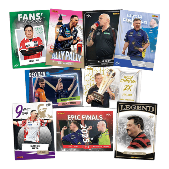 Das Bild zeigt die Panini PDC World Championship 2026 Trading Cards - Collectors Box. Es handelt sich um Sammelkarten zur Dart-Weltmeisterschaft.