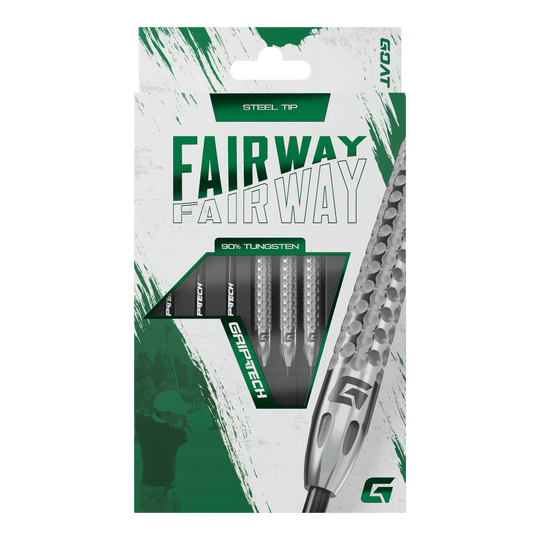 Die Abbildung zeigt die Verpackung der GOAT Fairway V2 Tungsten Steeldarts. Die Darts bestehen zu 90 % aus Tungsten und haben eine Stahspitze.