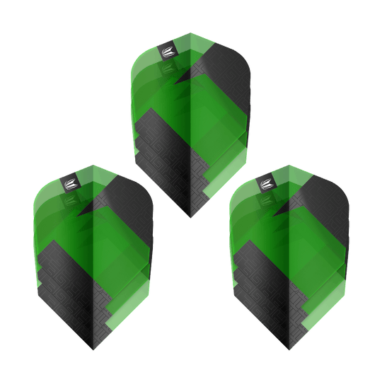 Das Bild zeigt drei grüne und schwarze Dart-Flights des Produkts "Target Pro Ultra TAG Grün Ten-X Standard". Die Flights haben ein auffälliges geometrisches Muster und das Target-Logo oben.