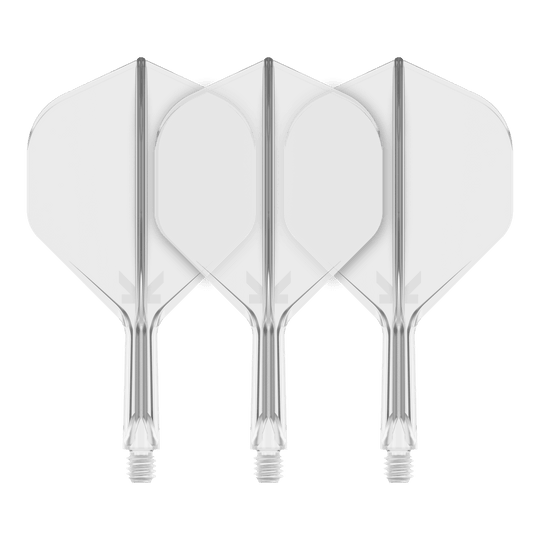 Target K-Flex No2 Standard Flight System - Clear Auf dem Bild sind drei transparente Dart-Flights mit Standardform zu sehen. Sie sind nebeneinander angeordnet und haben klare, glatte Kanten.