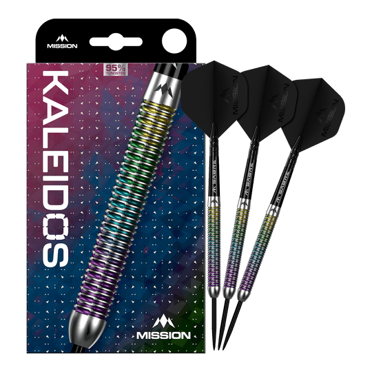 Das Produkt Mission Kaleidos Steeldarts ist vollständig dargestellt. Die Abbildung ermöglicht einen Überblick über das komplette Dart-Set.