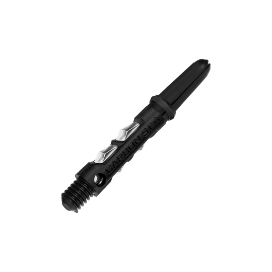 HR416_Harrows_Carbon_ST_Shafts_Clear_33mm_2 Das Bild zeigt einen Harrows Carbon ST Shaft in der Farbe Clear. Der Schaft hat ein modernes Design mit sichtbaren Carbon-Elementen und einer klaren Beschriftung.