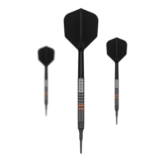 Das Bild zeigt drei schwarze Softdarts des Modells "Target Japan Black Marque Morpheus GEN2 - 19g". Die Darts haben ein modernes Design mit silbernen und orangen Akzenten am Griffstück.