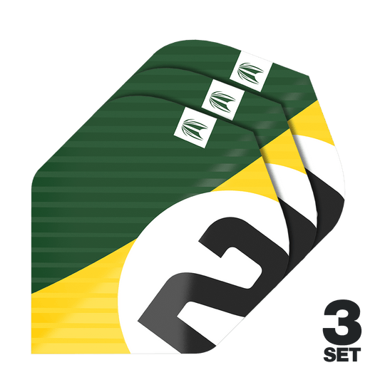 Das Bild zeigt drei Sets der Target Pro Ultra Chicane Green No2 Standard Flights. Die Flights sind grün mit gelben und weißen Akzenten sowie einer großen schwarzen „2“ bedruckt.