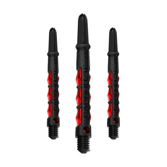 Das Bild zeigt drei Harrows Carbon ST Shafts in der Farbe Rot. Die Dartschäfte sind schwarz mit auffälligen roten Akzenten und dem Schriftzug "Carbon ST".