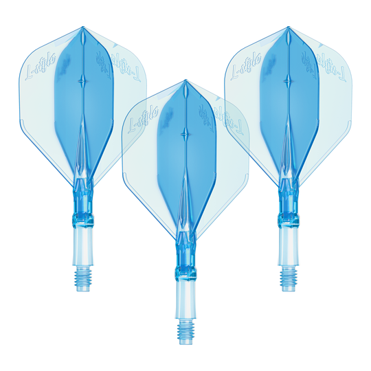 Dieses Bild zeigt ein Set von L-Style L-System Flights in klarer blauer Farbe, Größe Small. Es ist ein Zubehörteil für Dartpfeile.