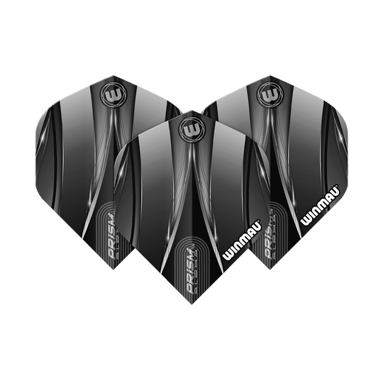 Winmau Alpha Sniper Black Standard Flights Das Bild zeigt drei schwarze Dart-Flights der Marke Winmau mit dem Namen "Alpha Sniper". Die Flights haben ein modernes, glänzendes Design mit silbernen und weißen Akzenten.