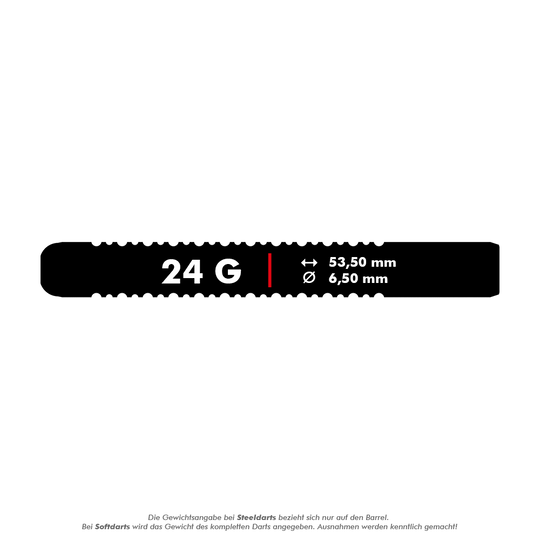 Das Bild zeigt die Maße und das Gewicht des Produkts "Target Eleanor Cairns GEN1 Swiss Point Steeldarts - 24g". Der Dart hat ein Gewicht von 24 Gramm, eine Länge von 53,5 mm und einen Durchmesser von 6,5 mm.