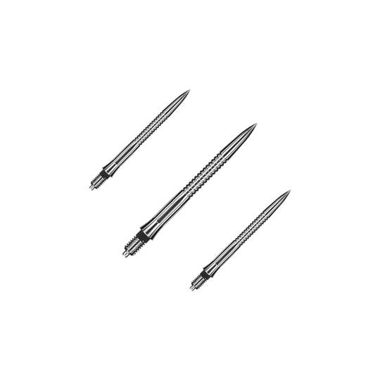 Caliburn EZ-EVO dart tips - Grooved - Silver Dargestellt ist ein Set von gerillten, silbernen Dartspitzen mit einer Länge von 28 mm. Das Set eignet sich besonders für Dartspieler, die Wert auf Präzision legen.