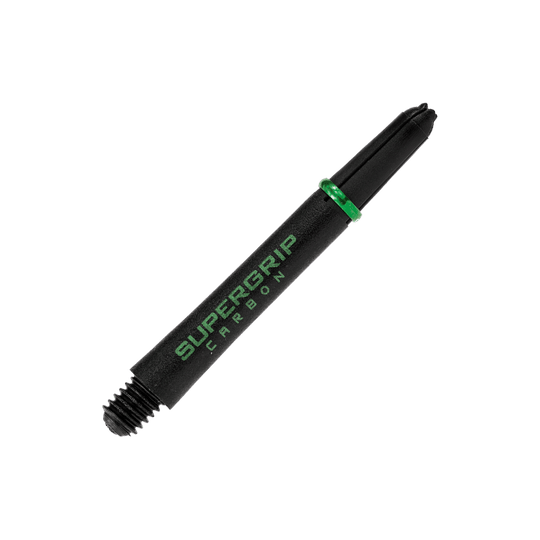 HR361_Harrows_Supergrip_Carbon_Shafts_Gr-n_40mm_2 Das Bild zeigt einen Harrows Supergrip Carbon Shaft in Grün. Der Schaft ist schwarz mit grüner Schrift und einem grünen Ring.