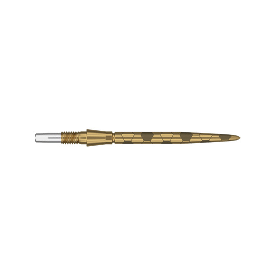 Target Swiss Storm Onyx Point Dart Tips - Gold Das Bild zeigt eine goldene Dartspitze mit einem strukturierten, sechseckigen Muster. Sie ist lang und schmal gestaltet, mit einem silbernen Gewinde am linken Ende.