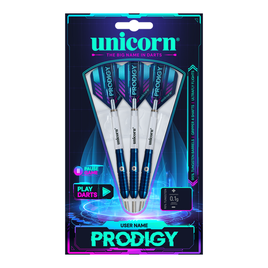 Das Bild zeigt eine Packung mit drei Unicorn Prodigy 02 Torpedo Steeldarts. Die Verpackung ist farbenfroh gestaltet und hebt das Produkt und den Markennamen hervor.