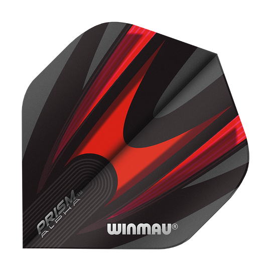 Dies ist ein Winmau Prism Alpha 6915.167 Standard Flight für Darts. Das Flight hat ein auffälliges Design in Schwarz und Rot mit dem Winmau-Logo darauf.