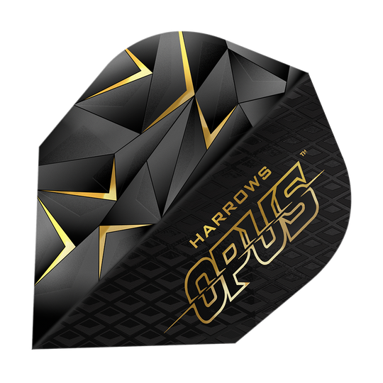 Harrow's Opus Version 3 Flights Das Bild zeigt ein Harrows Opus Version 3 Flight für Dartpfeile. Das Flight ist schwarz mit goldenen geometrischen Mustern und dem Schriftzug "Harrows Opus".