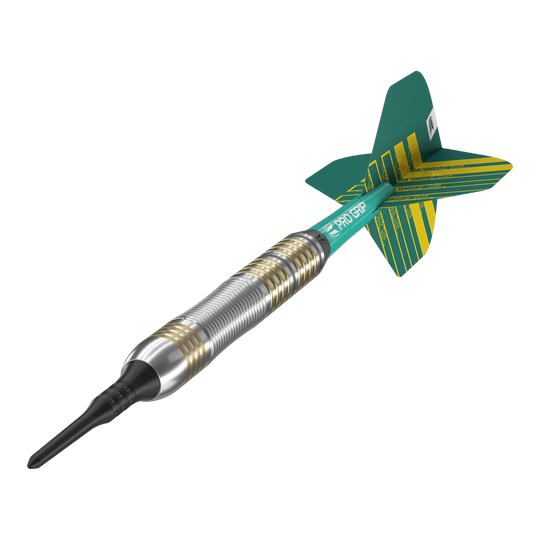 Target Rob Cross Brass Soft Darts - 18g Das Bild zeigt einen Target Rob Cross Brass Softdart mit einem Gewicht von 18 Gramm. Der Dart hat einen silbernen und goldenen Ringgriff sowie grüne Flights mit gelben Streifen.