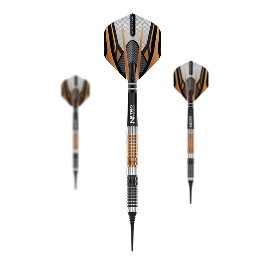 Red Dragon Panterra soft darts - 20g Das Bild zeigt drei Softdarts des Modells 'Red Dragon Panterra Softdarts - 20g'. Die Darts haben auffällige schwarze, goldene und silberne Elemente am Schaft und an den Flights.